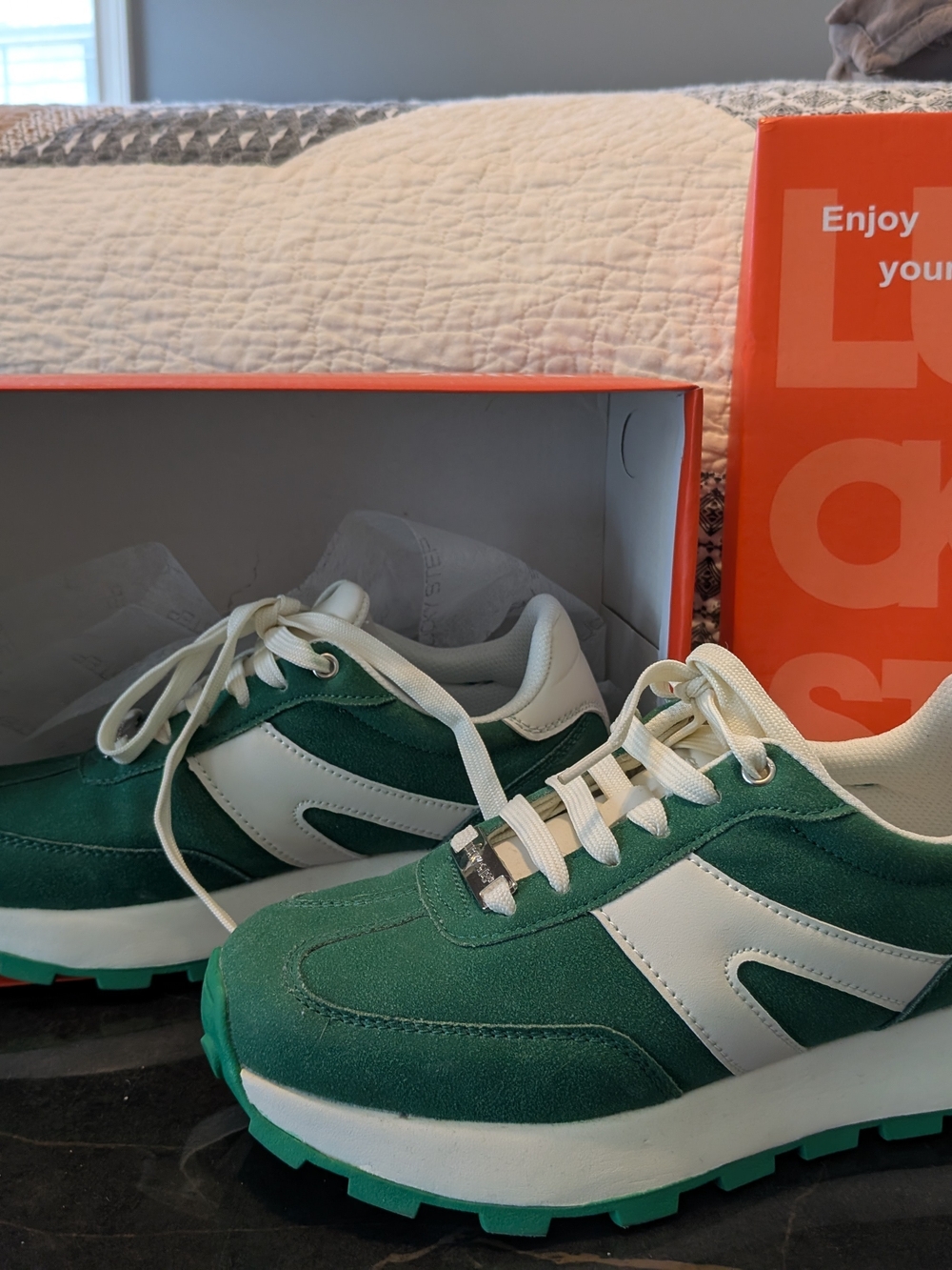 Women's Green and White Platform Sneakers - Retro Suede Look